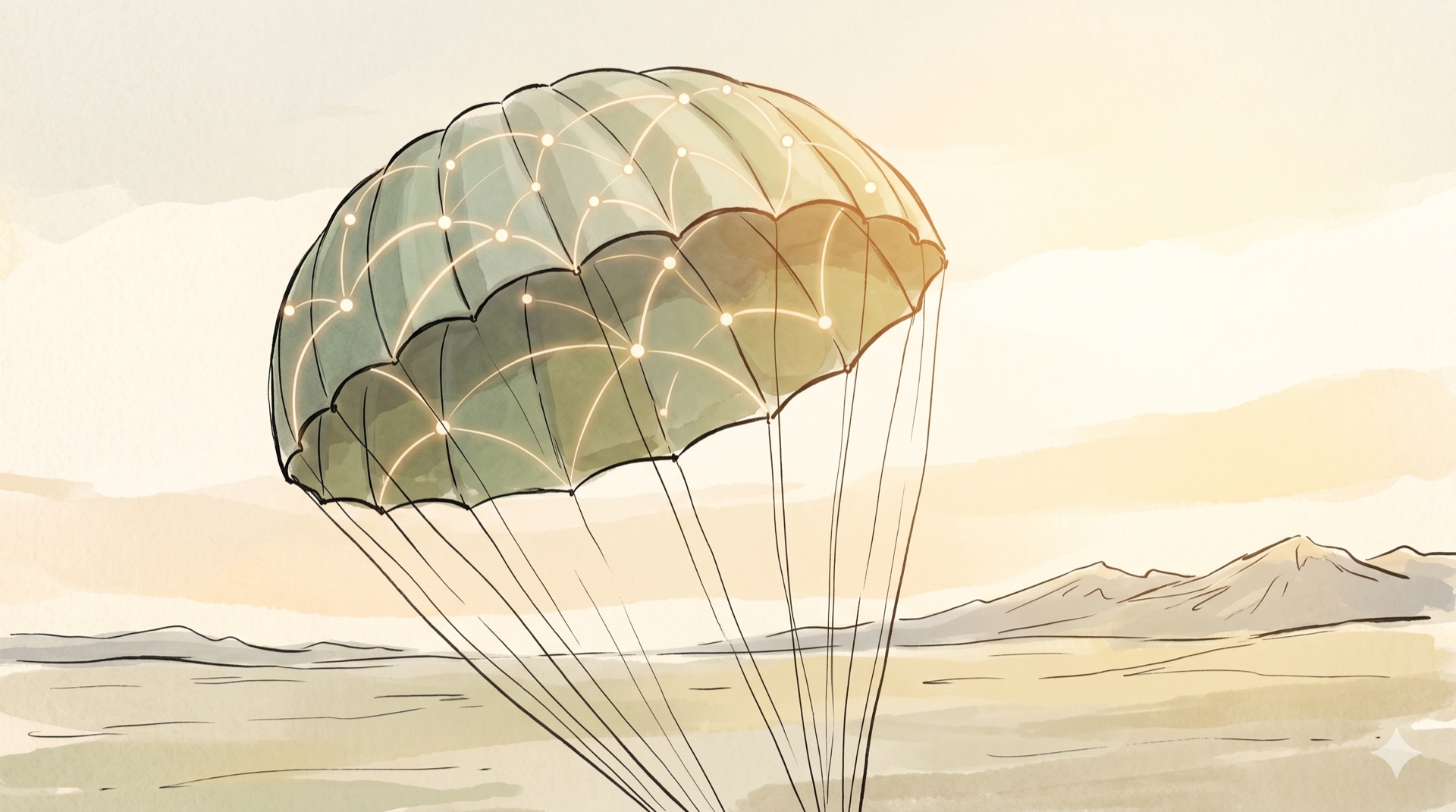 A parachute descending over open plains at dawn, its canopy woven with a luminous knowledge graph.