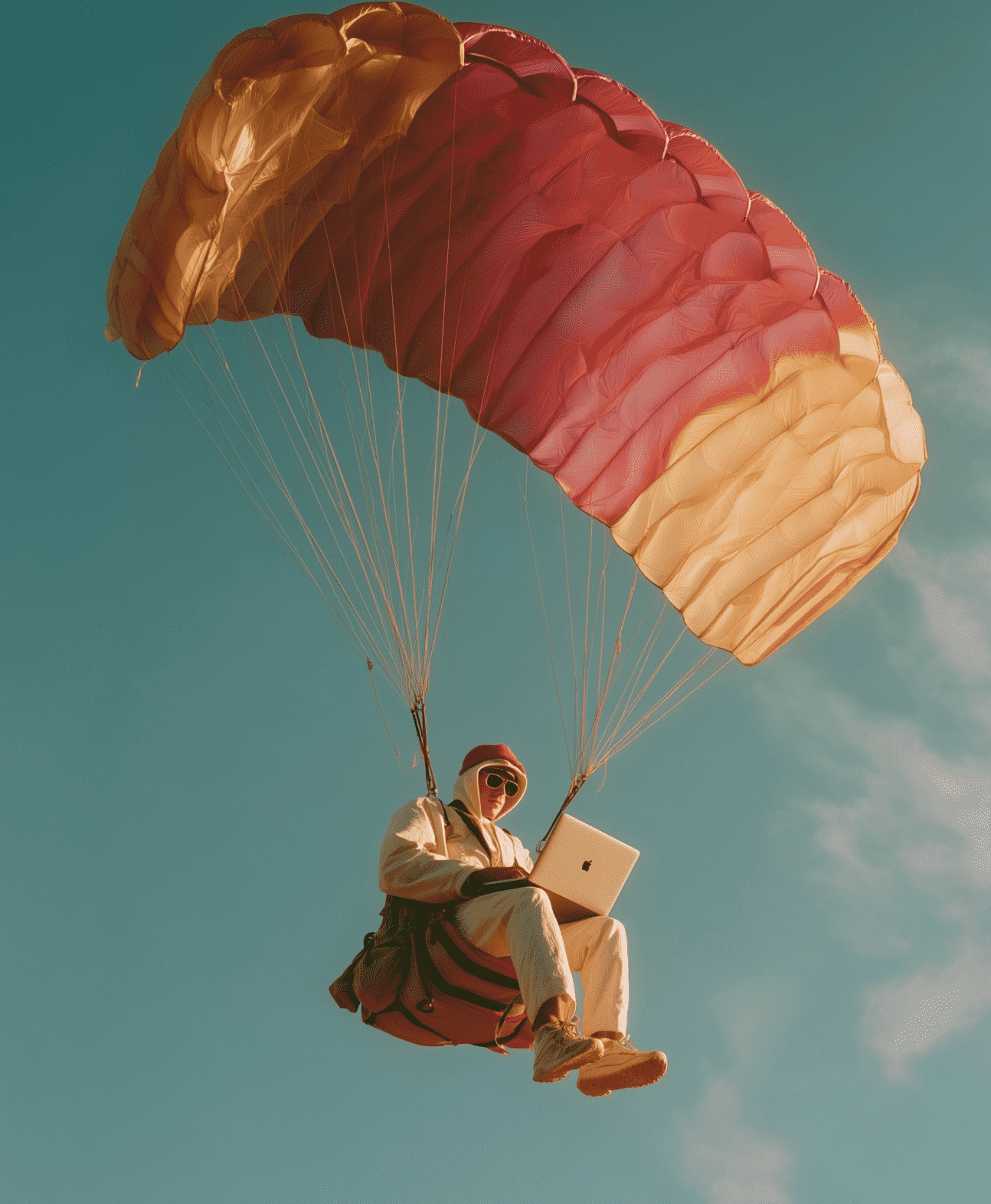 A figure drifting down beneath a warm-canopied parachute, working on a laptop mid-air.